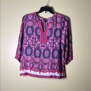 Talbots Pink and Purple Graphic Blouse with Mandarin Collar